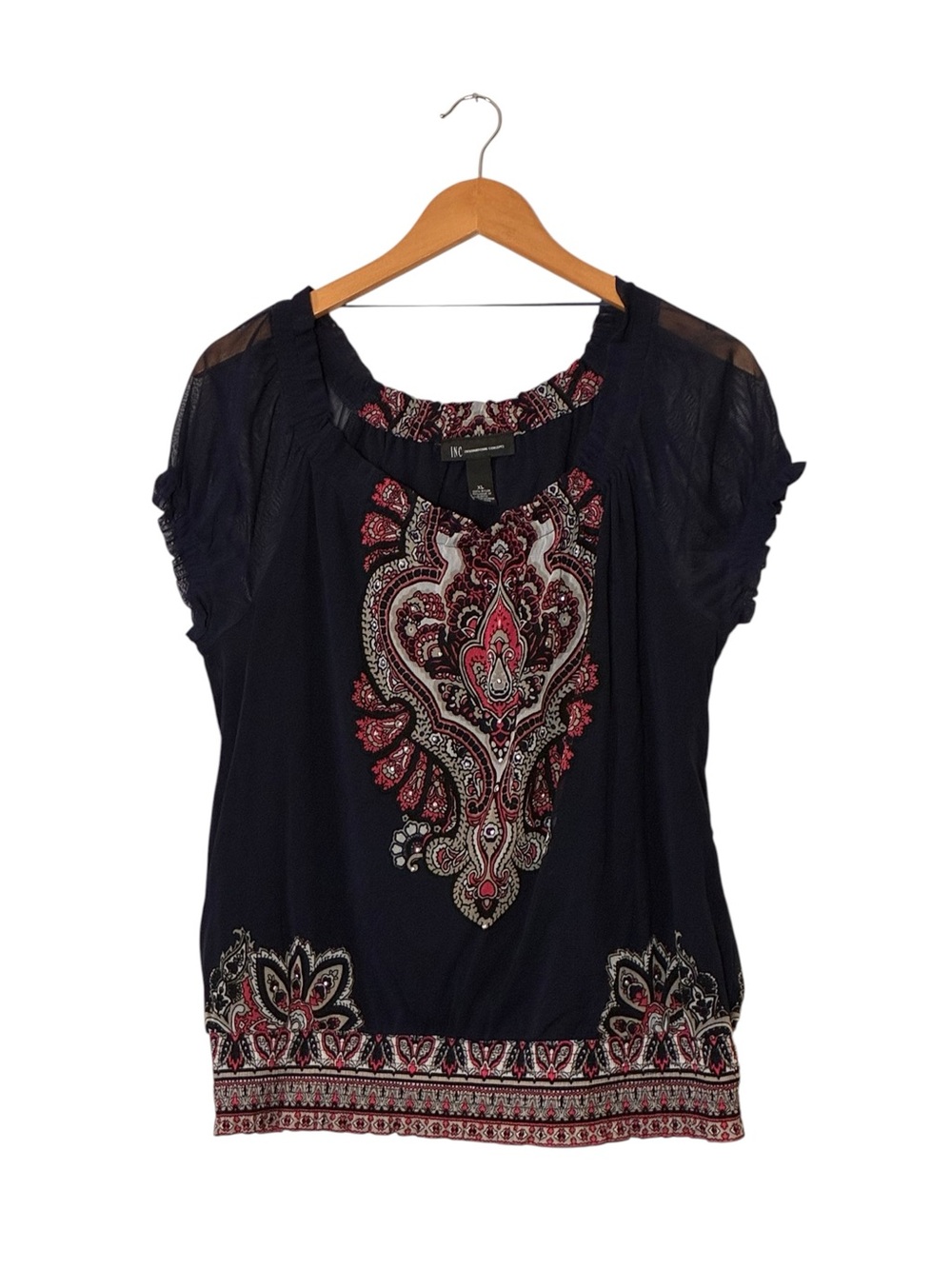 I.N.C. | Rayon paisley elastic sleeves lightweight short sleeve blouse size XL